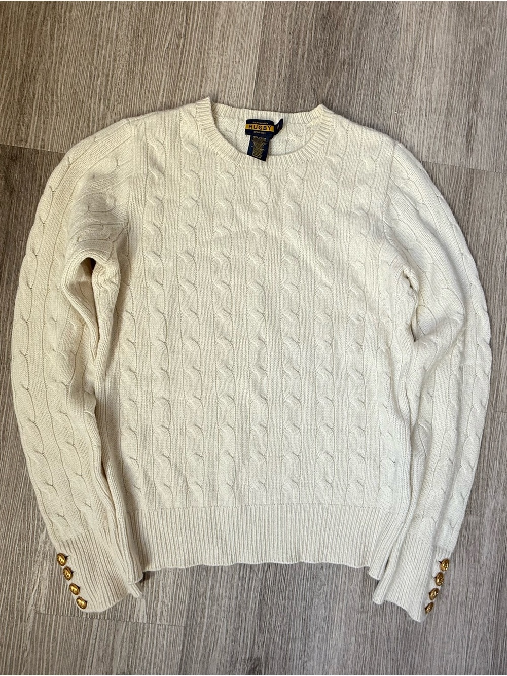 Ralph Lauren Cream Cable-Knit Crewneck Sweater with Gold Buttons